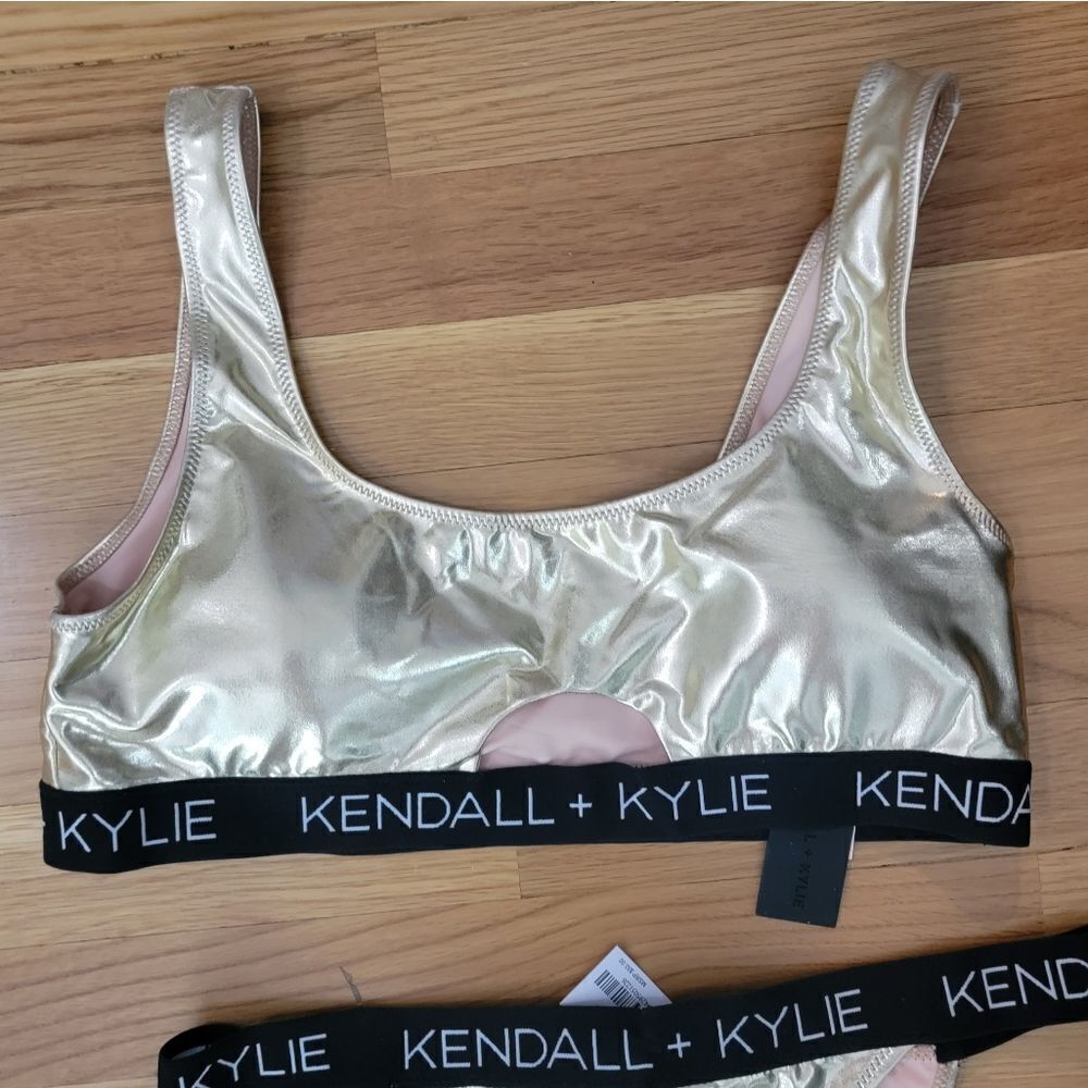 KENDALL + KYLIE gold Peekaboo Swim top  Peekaboo Bottom very relaxing $99 junior - Picture 9 of 13
